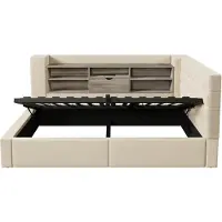 StarTech.com Letto imbottito - Struttura del letto 140 x 190 cm - Illuminazione a LED - Spazio contenitore con sistema idraulico - Testiera a forma di L - Tessuto: lino - Colore: beige - Senza materasso