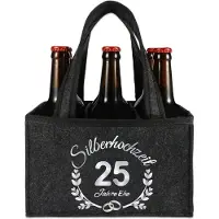 Sonstiges Borsa in feltro per bottiglie, grigia, per 6 bottiglie, con decorazione "25 anni" e motivo floreale