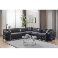 AEA Schwarzer Ecksofa mit silbernen Elementen und geschwungenen Armlehnen