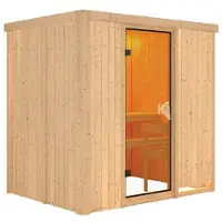 Karibu Sauna Fanja (ingresso frontale), porta interamente in vetro trasparente, stufa a legna da 3,6 kW con comando esterno easy