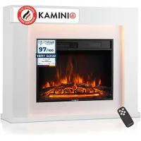KAMINIO Camino elettrico MATTI - Caminetto da pavimento con riscaldamento, effetto fiamma 3D, luce ambiente a LED, telecomando - Bianco