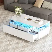 STILVORA tavolino da salotto lucido Tavolo da divano con 2 cassetti, tavolino in vetro temperato, tavolino con luce LED, bianco