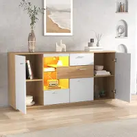 MODFU Credenza con ampio spazio di archiviazione, con illuminazione a LED, (160 L x 40 H x 77 H (cm) naturale + bianco), mobile da soggiorno, mobile multiuso