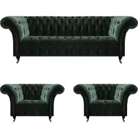 AEA Soggiorno completo di divano nero a tre posti in tessuto 2x poltrona Chesterfield
