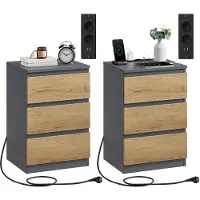 Vasagle Tavolino da notte con presa multipla, 3 cassetti e 2 prese di corrente