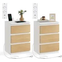 Vasagle Tavolino da notte con presa multipla, 3 cassetti e 2 prese di corrente