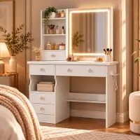 Gliese Toeletta con illuminazione a LED, specchiera, portagioie, presa multipla, 90 x 40 x 135 cm, tavolino da trucco con cassetti
