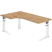 Froschkönig24 Tavolo angolare Serie U | con canalina per cavi inclusa | Base a C | Regolabile in altezza, Colore piano: rovere nodato, Colore struttura: bianco