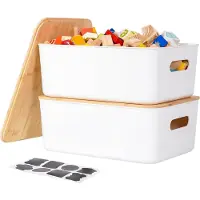 Sonstiges Contenitori di conservazione con coperchio in bambù, colore bianco, set da 2, dimensioni 38,4 x 27 x 15,2 cm, capacità 13 litri, impilabili, con maniglie ed etichette