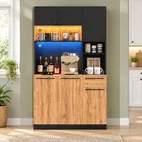 MODFU Mobiletto da cucina con illuminazione a LED, 100 × 40 × 180 cm, mobiletto alto con presa di corrente e USB, dispensa con 6 ante e 1 cassetto, colore nero e naturale