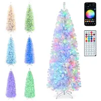 Costway Albero di Natale artificiale , altezza 225 cm, forma slanciata, con 989 punte in PVC, luci a LED (380), supporto in metallo e sistema pieghevole, colore bianco