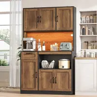 MODFU , mobiletto buffet da 110x40x180 cm, mobiletto alto con illuminazione a LED, dispensa/mobiletto da cucina con presa di corrente, 6 ante e 1 cassetto, finitura naturale e nera