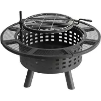 Relaxdays Braciere, Ø 91,5 cm, griglia regolabile, coperchio e attizzatoio, braciere da giardino, braciere, nero