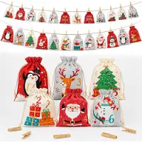 Merkloos Calendario dell'Avvento da riempire: 24 sacchetti di stoffa, 10 metri di spago, colore: rosso, grigio, beige