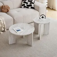 Sonstiges Set di 2 tavolini da caffè in travertino artificiale, colore bianco, con tre gambe, diametro 70/50 cm