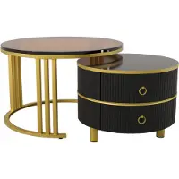 Fortuna Tavolino rotondo 2 in 1 Lai, piano in vetro temperato marrone con 2 cassetti, nero