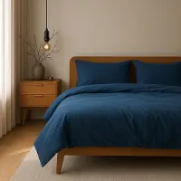 Merkloos Set di biancheria da letto in cotone: lenzuolo con angoli 155 x 220 cm e federa 80 x 80 cm, colore blu scuro con cerniera nascosta