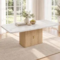 Ninkear Tavolo da pranzo allungabile, dimensioni 150/200x90 cm, per 6-8 persone, con spazio contenitivo, finitura marmo e legno di quercia (bianco)