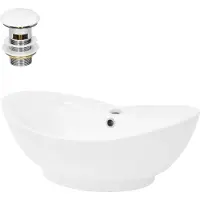 LuxeBath Lavabo Lavabo da appoggio ovale, 59x39,5x20,5 cm, bianco, Vetroceramica, incl. set di scarico con troppopieno