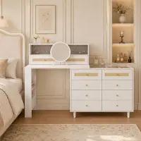 Great han Comò da trucco con contenitore per gioielli e specchio, 10 cassetti, piano in vetro e decorazioni in rattan, dimensioni 105x50x107,5 cm, colore bianco