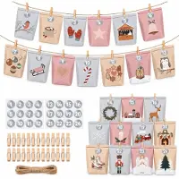Sonstiges Calendario dell'Avvento da riempire: 24 sacchetti, dimensioni 21,5 x 17 cm, realizzati in carta kraft con mollette di legno, corda di iuta e adesivi con i numeri per l'anno 2026
