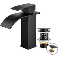 Merkloos Miscelatore monocomando per lavabo, colore nero, completo di gruppo di scarico, altezza 110 mm, a risparmio idrico ed energetico, adatto per