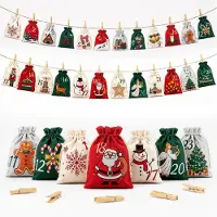 Sonstiges Calendario dell'Avvento da riempire, set di 24 sacchetti di tessuto con mollette di legno e spago, colori: rosso, verde, grigio, stile vintage