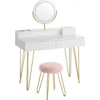 Vasagle tavolo da toilette con sgabello e illuminazione, ciabatta elettrica, specchio, tavolo da toilette, 40 x 100 x 134,8 cm, tavolo cosmetico con cassetti
