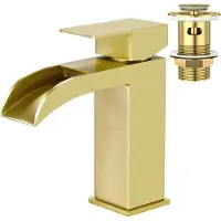 Merkloos Rubinetto per bagno, con funzione cascata, miscelatore monocomando, tappo a scomparsa, acciaio inossidabile con finitura dorata spazzolata