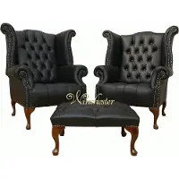 AEA Chesterfield Ohrensessel 2x + Hocker Leder Sofa Set Garnitur Polster Couch Sofas