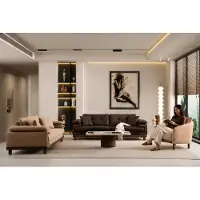 AEA 2x 3-Sitzer Sofa Sessel Set Beige Braun Modern Stoff Holz Wohnzimmer