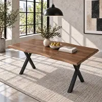 Ninkear Tavolo da pranzo, dimensioni 160x78x75 cm, per 4-6 persone, piano in legno effetto onda, gambe in metallo a forma di X, finitura noce