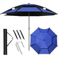 Sonstiges Ombrellone da spiaggia, protezione UV, 240 cm, blu, 16 stecche, resistente al vento, inclinabile a 360°, con picchetti per il fissaggio al suolo, portatile
