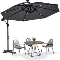Sonstiges Ombrellone da giardino, diametro 300-350 cm, girevole, con manovella, protezione UV40+, resistente all'acqua, con luci LED solari, colore grigio scuro, completo di base a croce