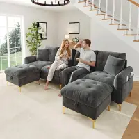 Flieks Divano letto con poggiapiedi contenitore, divano con cuscini decorativi, divano a forma di "U" a 4 posti, dimensioni 263x137x85 cm, colore grigio, tessuto chenille
