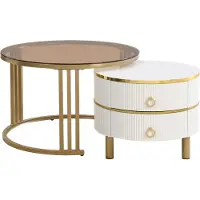 Fortuna Set di 2 tavolini rotondi Lai - con piano in vetro marrone, 2 cassetti, design moderno - bianco
