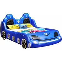 Xl Moebel Gmbh Letto a forma di auto blu, lettino per bambini con altoparlante Bluetooth e luci LED, ideale per ragazzi