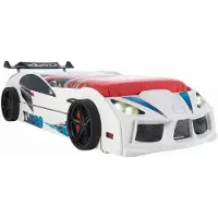 JVmoebel Letto a forma di auto da corsa, color bianco, con illuminazione a LED per la cameretta dei bambini