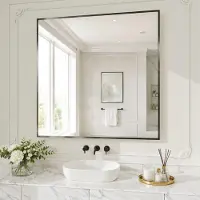 OEM Specchio da parete, 90x90 cm, vetro temperato, colore nero, ideale per bagno e soggiorno