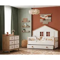 JVmoebel Letto scandinavo per bambini a forma di casetta, completo di comò coordinato