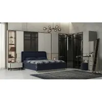 JVmoebel Set per camera da letto: letto, comodini, mobiletto angolare, design moderno, colore blu, con illuminazione LED