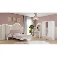JVmoebel Camera da letto per adolescenti, colore bianco-rosa, composta da letto, armadio, comò, tavolino da trucco e comodini, adatta per ragazze