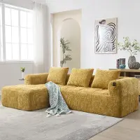 Kein Hersteller Divano modulare moderno, divano a forma di L, divano a 3 posti, non richiede installazione, divano in velluto con chaise longue e braccioli, 3 cuscini, tasca laterale per il telecomando, colore giallo