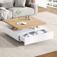 Kein Hersteller Tavolino, quadrato, girevole a 360°, cassetto per caffè, a due livelli, mobile contenitore, realizzato in pannelli di legno impiallacciato noce, tavolino ausiliario