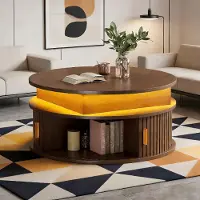 Kein Hersteller Tavolino, regolabile in altezza, tavolino da divano, tavolino ausiliario, con illuminazione LED, forma rotonda, 2 ante scorrevoli, spazio contenitivo nascosto, finitura lucida, dimensioni 75x75x52