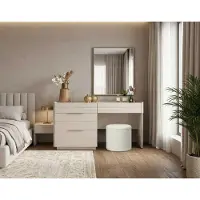 JVmoebel Set da trucco beige, moderno, composto da: tavolino da trucco, specchio e sgabello