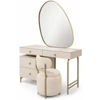 JVmoebel Set per camera da letto, composto da: comò da trucco, poggiapiedi, specchio, design moderno, colore beige, stile elegante