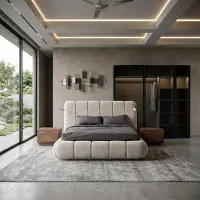 Xl Moebel Gmbh Set completo per camera da letto beige, elegante, composto da: letto imbottito, 2 comodini e una cassettiera
