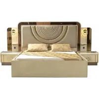 AEA Letto imbottito con luci a LED, dettagli dorati e 2 comodini in stile Art Déco