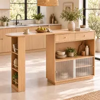 OKWISH Tavolino allungabile Oqwish con striscia LED colorata, ripiano, tavolino da bistrot con cassetti, spazio contenitivo, ideale per cucina e sala da pranzo, in legno di quercia